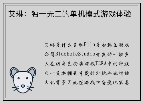 艾琳：独一无二的单机模式游戏体验